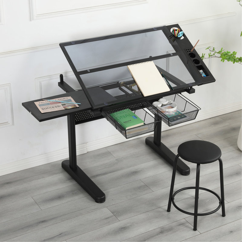 Table à dessin à manivelle réglable avec 2 tiroirs en métal et tabouret, Noir