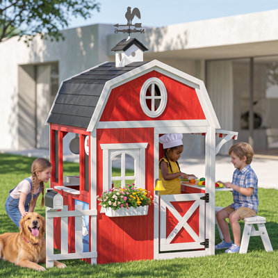 Maisonnette de ferme rouge pour enfants, avec girouette, banc, comptoir, ensemble de jeu de rôle sur le thème de la ferme et accessoires de nourriture factices. Cadeau idéal pour les enfants de 3 ans et plus.
