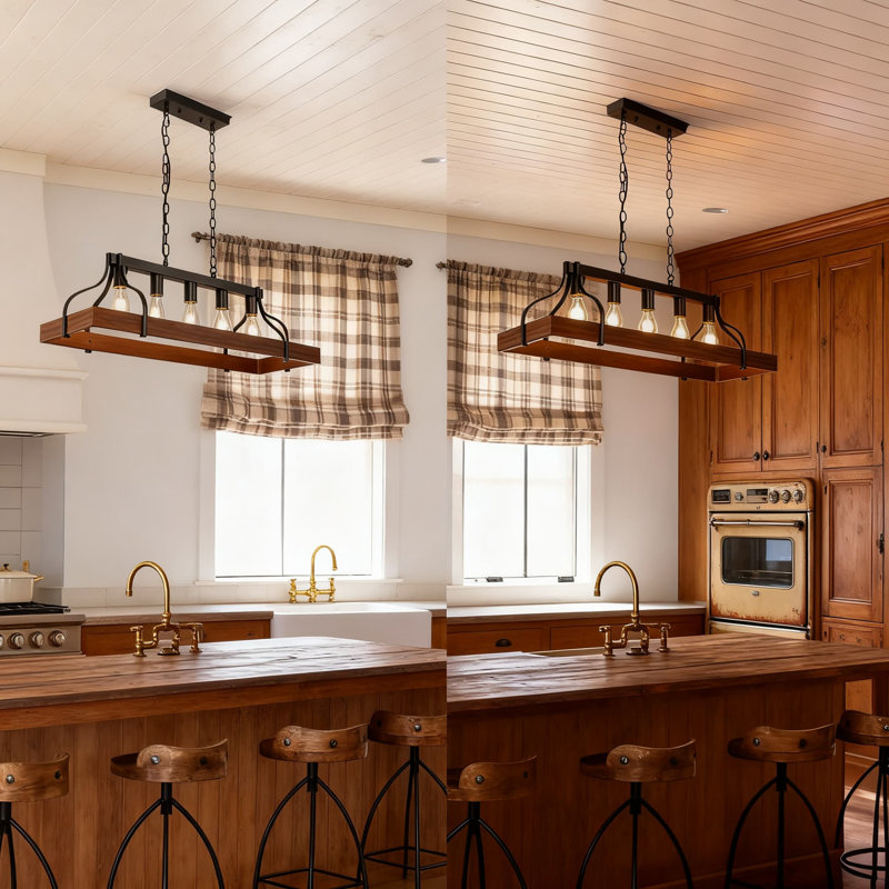 Lustre de ferme à 5 lumières avec finition grain de bois rustique, lumière linéaire en métal noir pour îlot de cuisine et salle à manger, L 33,5 po x l 10,6 po x H 47,2 po