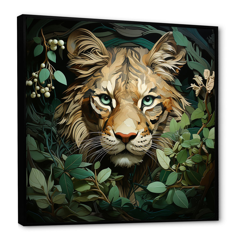 Portrait de lion dans un feuillage vert - lion, décoration murale animal, Cadre flottant noir, H 30 po x l 30 po x P 1,5 po