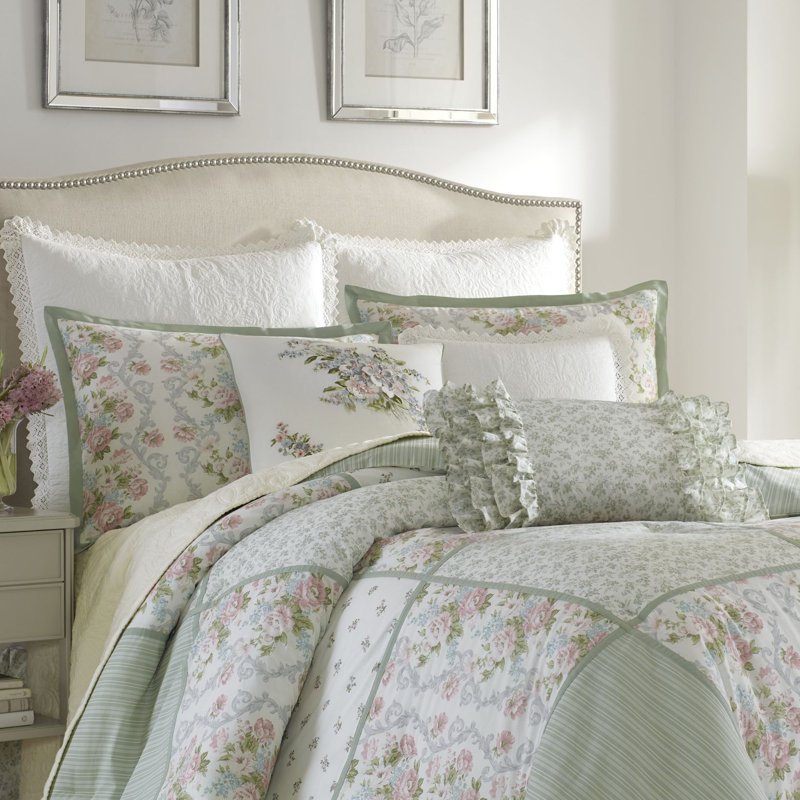 Ensemble de couette en coton vert Laura Ashley Harper, Édredon pour très grand lit + 2 taies décorativ