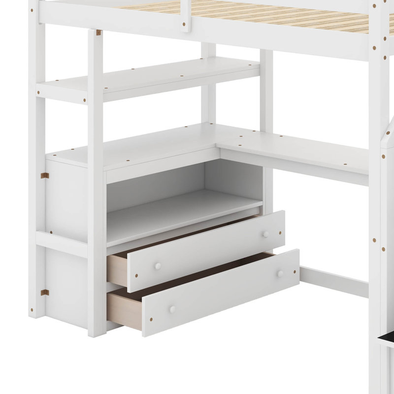 Lit mezzanine simple avec bureau et tablettes, Lit simple, Blanc