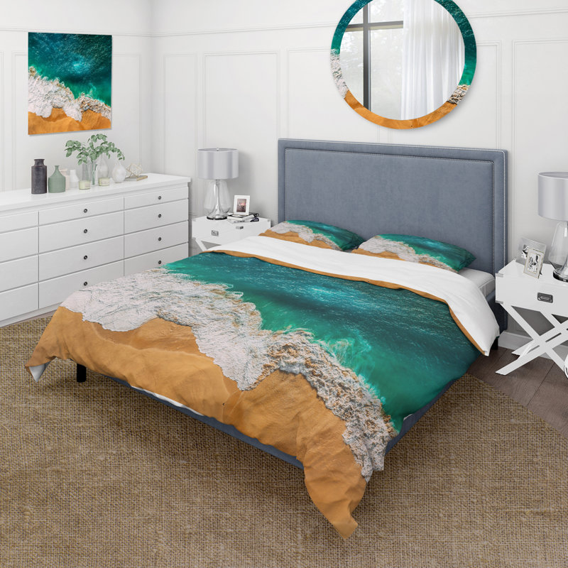 Turquoise Waves Breaking At Orange Sunny Beach - Ensemble de housse de couette nautique - Microfibre de polyester