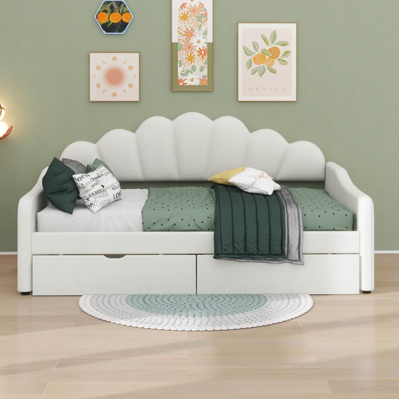 Structure de lit de jour double rembourrée avec dossier de forme basse et 2 tiroirs, Beige