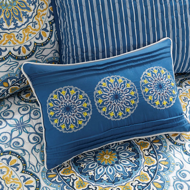Blue Reversible Daybed Cover - 6 Piece, With Striped Reverse And Medallion Print, Fits Twin Mattress, Includes Cover, , 3 Shams, 1 Decorative Pillow, Machine Washable Piece Reversible, Print Back,