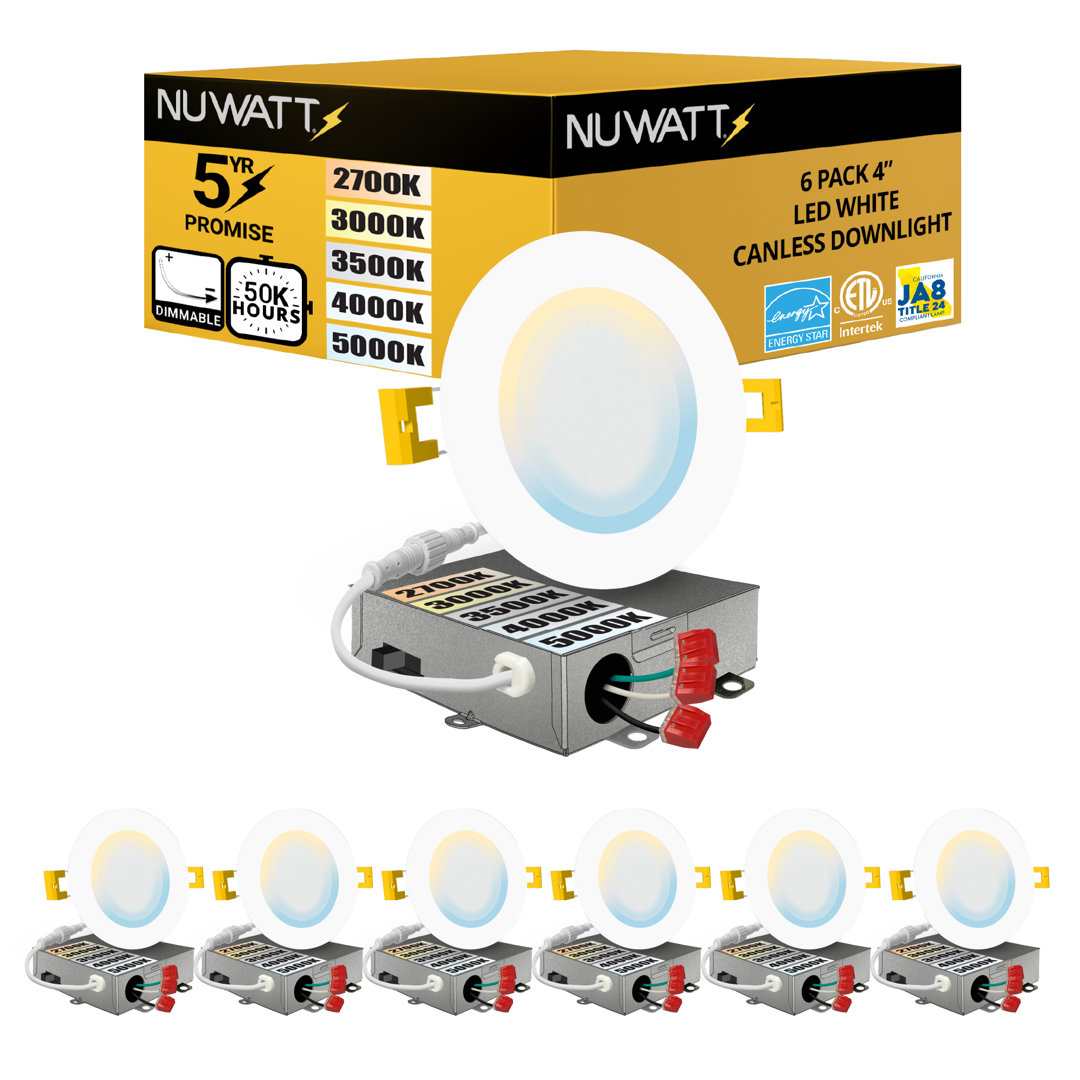 4'' Ultra Slim Selectable CCT New Construction LED Canless Recessed Lighting Kit (Set of 6) NUWATT 