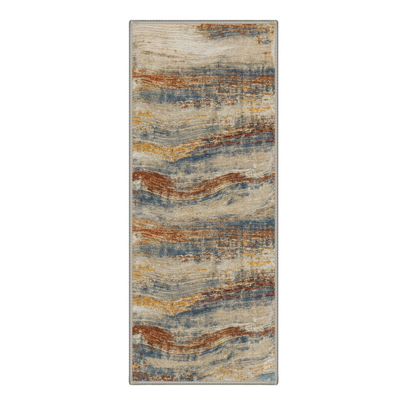Abstract Brush Machine Washable Non-Slip Beige / Blue / Orange Indoor Area Rug, Beige/Blue/Orange, Runner 2' x 7'