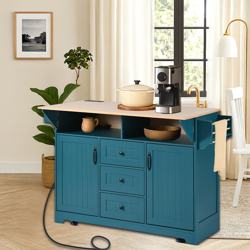 Expandable Drop Leaf Kitchen Island with Built-in Power Outlet, Rolling Storage Cart with Drawers, Adjustable Shelves & Towel Rack