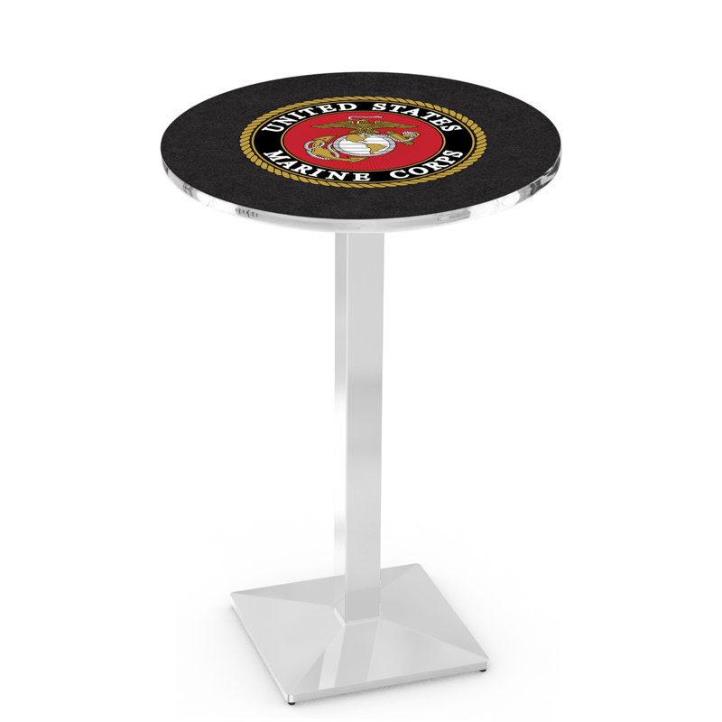 Military Round Metal Base Dining Table, Chrome, United States Marine Corps