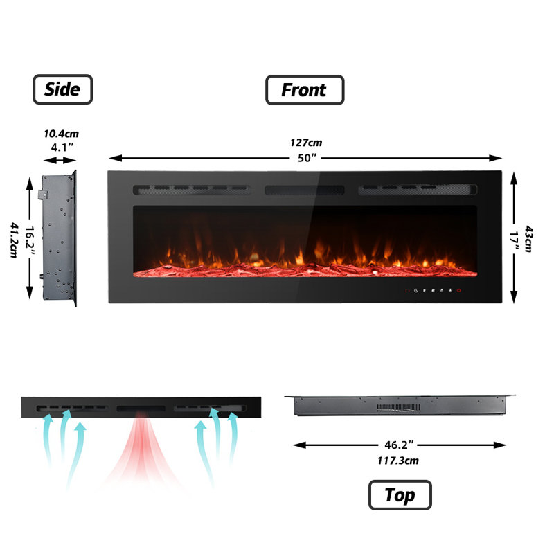 50" Black 3-in-1 Electric Fireplace Heater, 12 Color Flame with Breathing Flame, Black, 17" H x 50" W x 4" D