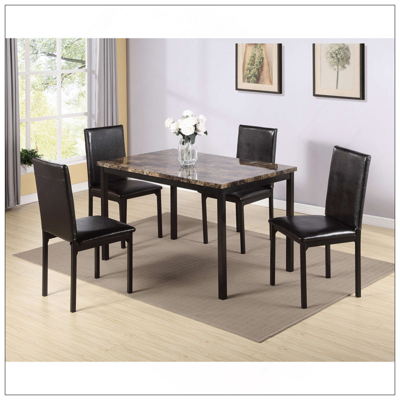 Ensemble de salle à manger en métal avec plateau en faux marbre 5 pièces Furniture - noir, ensemble de salle à manger, table et 4 chaises