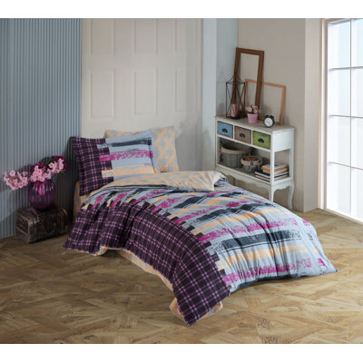 Ensemble de housse de courtepointe 100% popeline de coton, gris et mauve, jaune et bleu | Housse de couette 63 x 87, drap plat 63 x 94, taie d'oreiller 20 x 28 | Lavable à la machine, 152 fils, fermeture à boutons et enveloppes