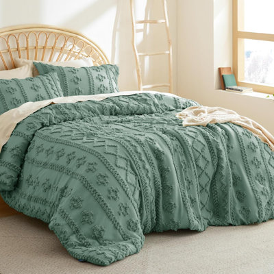 Tufted Boho Comforter Set Full Size - Green Boho Bedding Comforter Set, 3 Pieces Farmhouse Shabby Chic Embroidery Bed Set, Gifts For Woman, Soft Jacquard Comforter For All Seasons