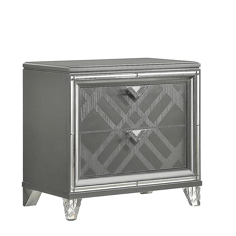 2 Drawers Nightstand with Mirror Trim, Silver