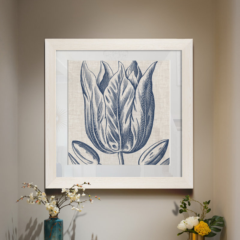 Indigo floral sur lin VI - reproduction encadrée de qualité supérieure - prêt à être accroché - impression encadrée sur papier