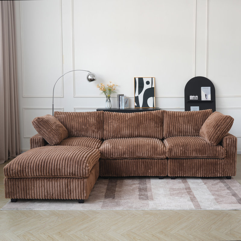 Canapé modulaire à accoudoirs larges avec repose-pieds 4 pièces, Fausse fourrure brune