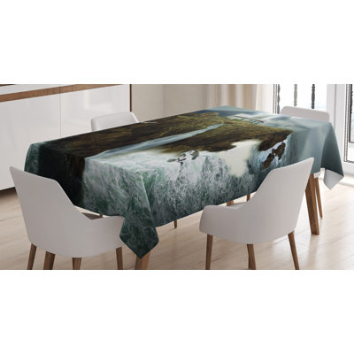 Ambesonne Lighthouse Tablecloth, Island With Lighthouse Rocks Stormy Sea Crashing Waves Full Moon Beams, Rectangular Table Cover For Dining Room Kitchen Decor, 52" X 70", Grey White Brown