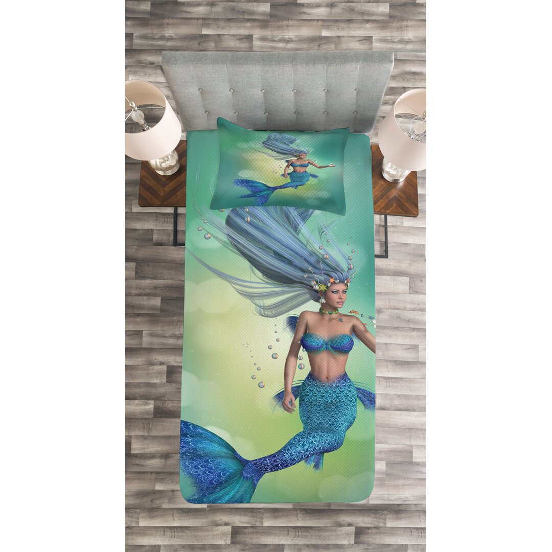 Gestepptes Bettdecken-Set, Mermaids Schwimmen, Märchen, Teal Blassblau