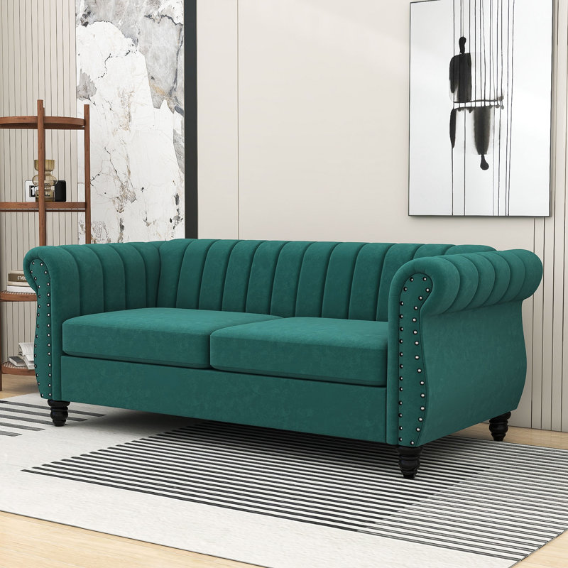 Causeuse avec accoudoirs roulés Hanschen, Polyester vert, H 31,5 po x l 82,5 po x P 36 po