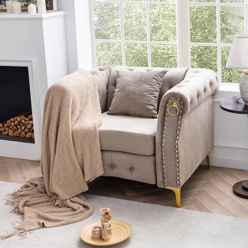 40.9" Velvet Chesterfield Chair, Beige