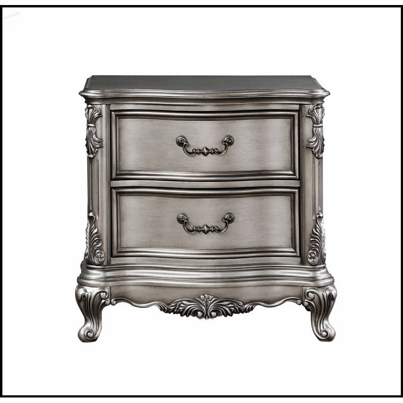 Table de chevet traditionnelle avec 2 tiroirs, finition platine antique, design classique et sculptures élégantes