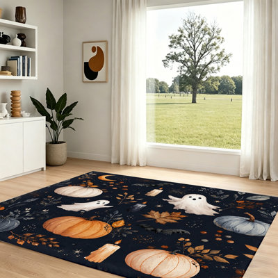 Halloween Themed Area Rug, Ghost Pumpkin Pattern Floor Mat, Non-Slip Washable Indoor, Festive Home Decor for Living Room, Bedroom, Patio, and Holiday Party