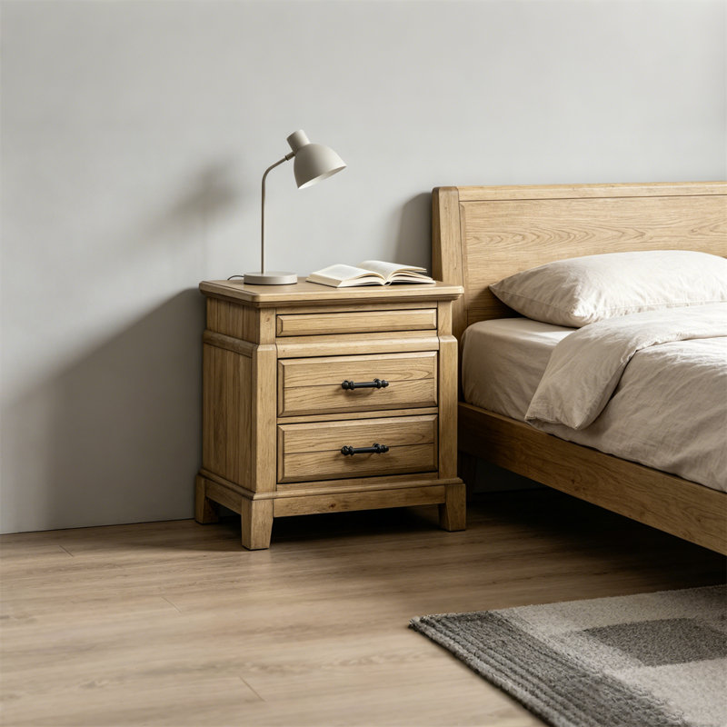Rustic Light Oak 3-Drawer Nightstand, 27" Tall Farmhouse Wooden End Table with Antique Metal Handles, Bedside Storage Cabinet for Bedroom