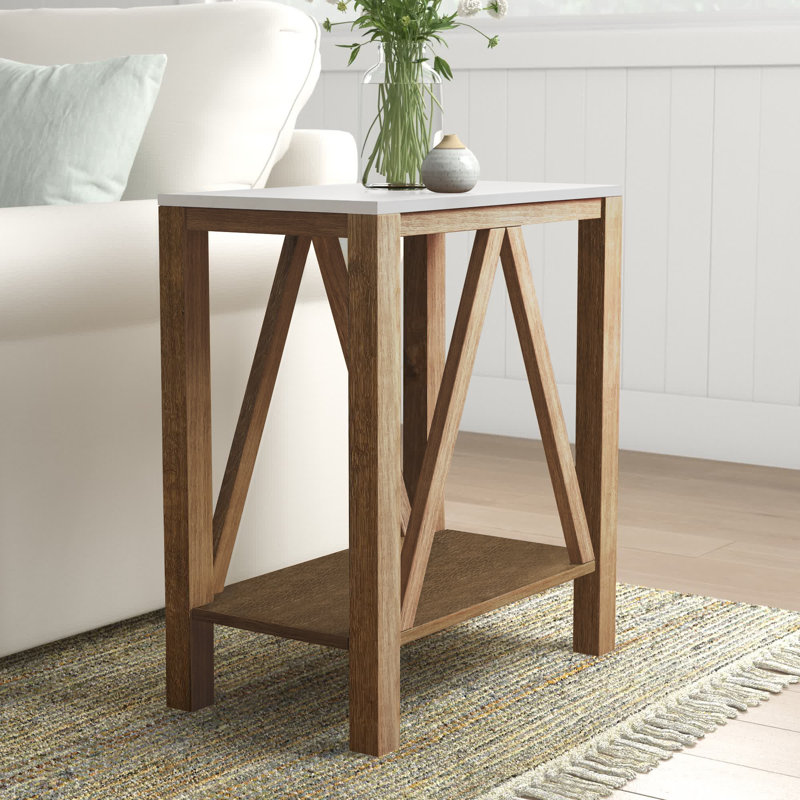 Emmie A-Frame End Table with Lower Shelf, White Marble Top/Natural Walnut Base