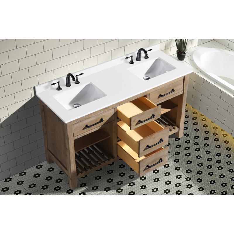 Lauren 60'' Double Bathroom Vanity with Top, White Engineered Stone Countertop