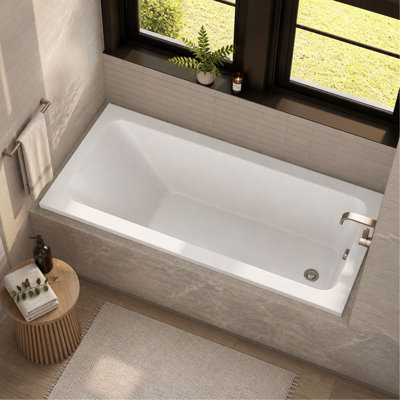 Bathtub, 66 Inch Acrylic Built-In Soaking Tub in Glossy White with Chrome Hand-Twist Drain and Left or Right Installation Option
