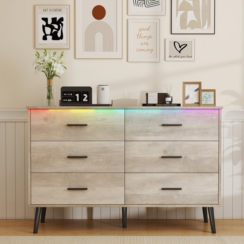 Commode à 6 tiroirs avec éclairage DEL Roselynne, commode pour chambre, Noir/gris