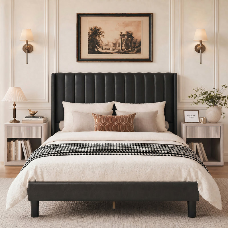 Structure de lit tapissier à oreilles avec table de chevet cannelée, ensemble de mobilier de chambre à coucher, Black, Full