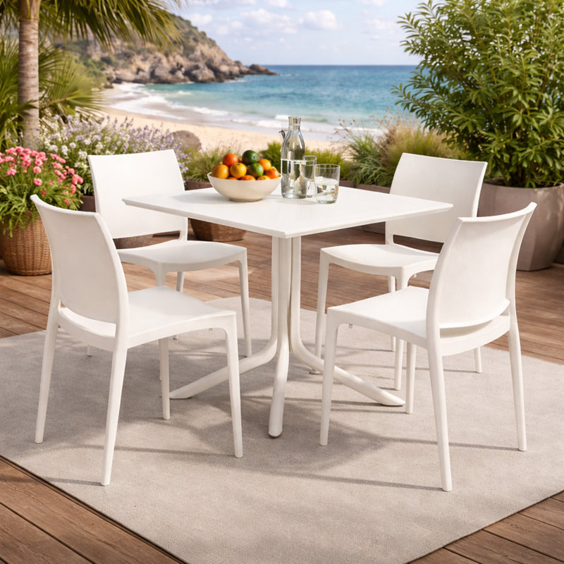 Niche Terrace Plastic Indoor/outdoor 31.5" Square Table - White Down & 4 Terrace Plastic Stacking Chairs - White Down, White