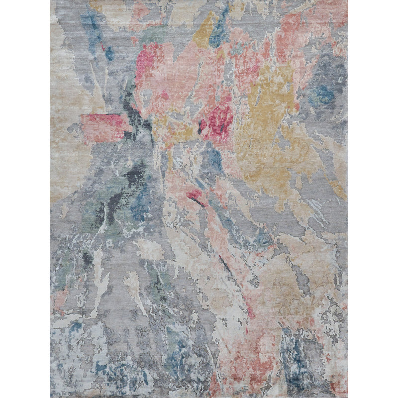 Rectangle Floor Art Abstract Hand-Knotted Bamboo Slat/Seagrass Area Rug in Silver/Blush, Rectangle 4' x 6'
