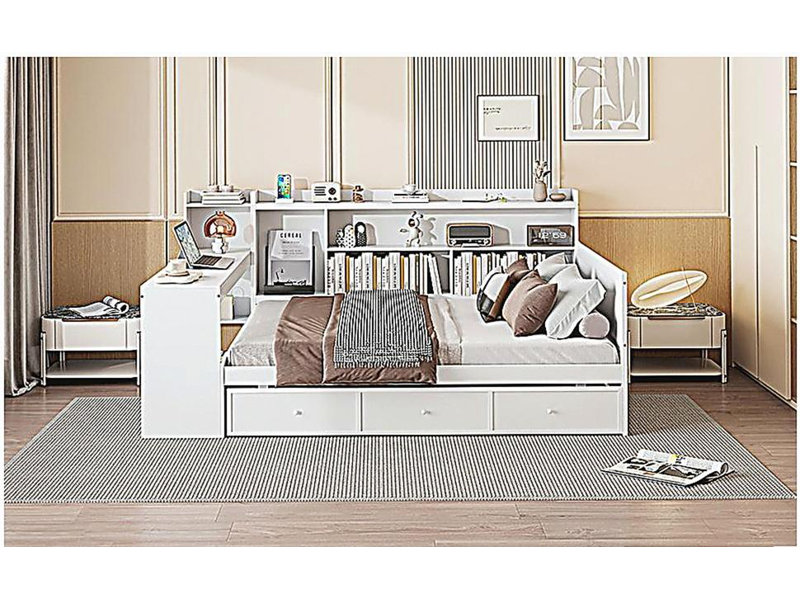 Canapé-lit en bois avec 3 tiroirs, ports USB et bureau, Complet/Double, Blanc