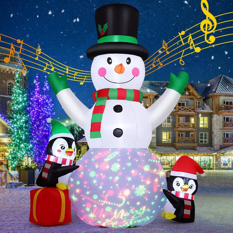 Christmas Inflatables 8 FT Snowman Inflatable Blow Up Penguins with Built-in Music Box & Rotating Colorful LED Lights