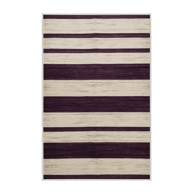 Tapis beige à rayures horizontales lavable à la machine, Rectangle 7 pi x 10 pi