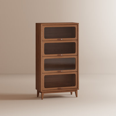Solid Wood  Flip-Top Glass Door Bookshelf Cabinet, Mid-Century Modern Display Storage Cabinet with Leather Handles