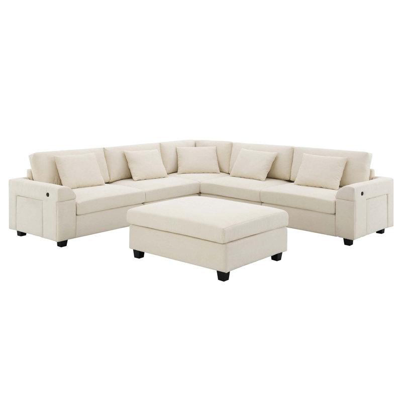 Caelora 6 - Piece Upholstered Sectional With Hidden Armrest Storage, White