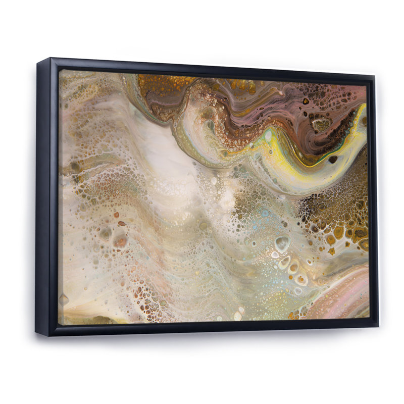Abstrait doré et univers de marbre brun - peinture sur toile, H 16 po x l 32 po, Cadre flottant noir