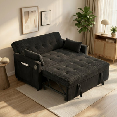 53" Convertible Sleeper Sofa Bed with Pull-Out Bed and Adjustable Backrest, USB Charging Ports, Black