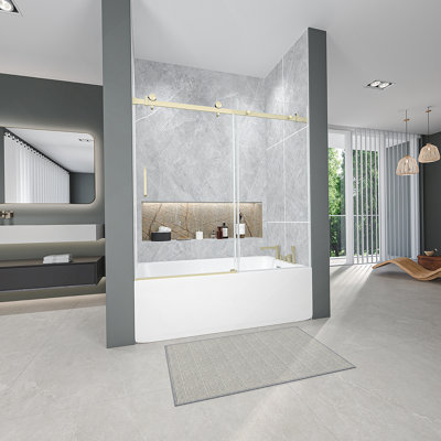 56-60" W *60" H Frameless Single-Sliding Shower Door,1/4" (6Mm) Thick SGCC Tempered Glass,Brushed Gold,Bathroom,Hotel/Apartment