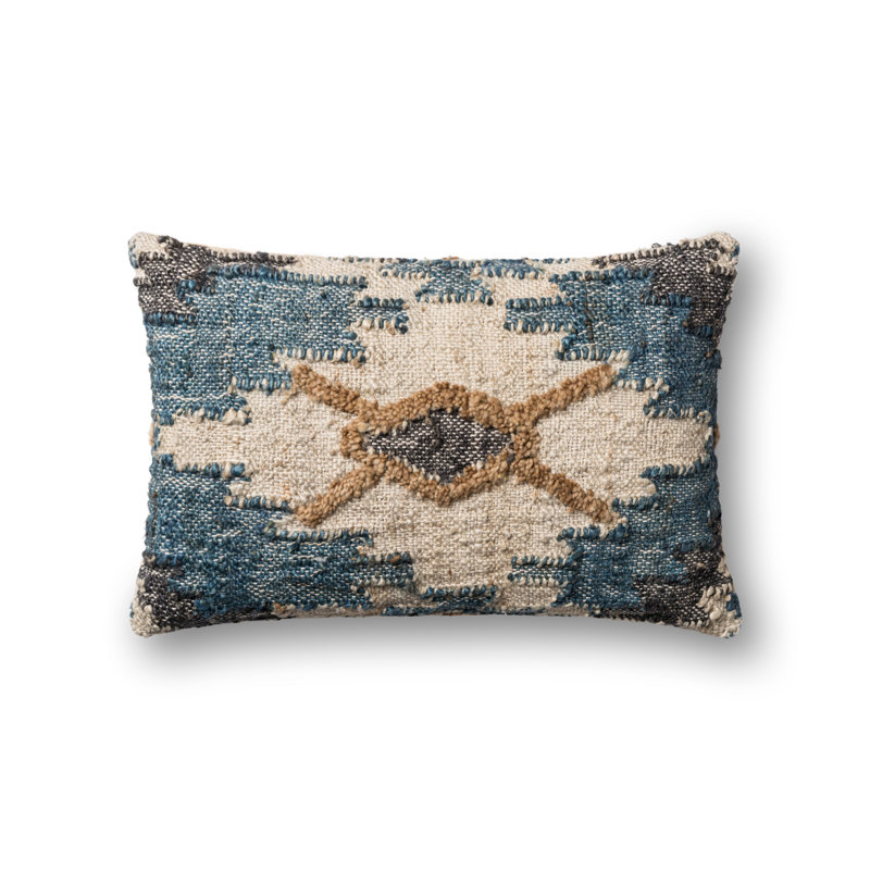 Southwestern Blue and Tan Geometric Jute Cotton Wool Pillow Cover