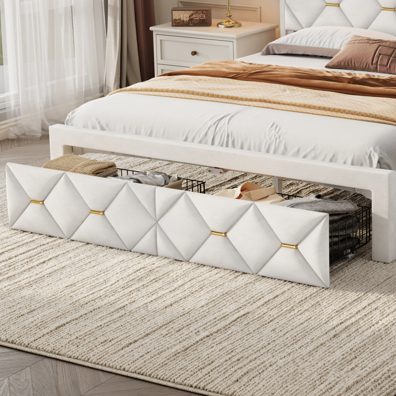 Lit plateforme en velours avec 2 tiroirs sous le lit et rangement pour la tête de lit, Grand