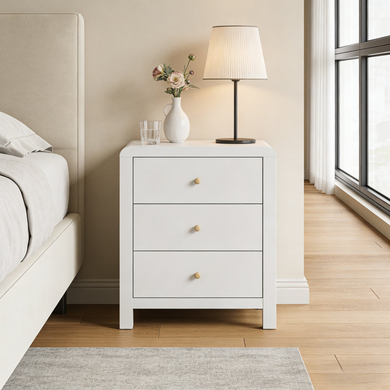 Modern 3 Drawers Nightstand With Rounded Table Corners, White