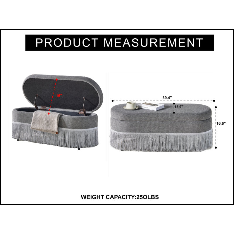 Banc ovale rembourré avec rangement rabattable et pieds robustes, Gris