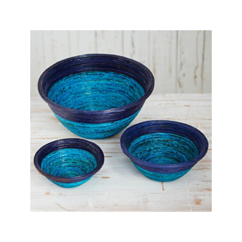 Handmade Paper Decorative Bowl 1, 6.5cm H x 16.5cm W x 16.5cm D, Dark Blue/Light Blue