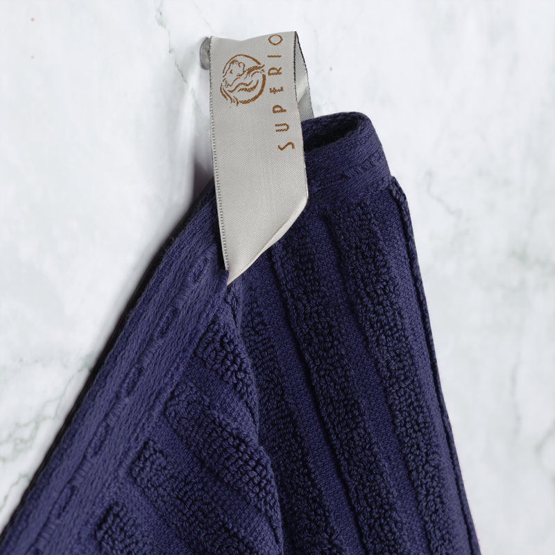 Ruvins Cotton Highly Absorbent 6-Piece Solid and Checkered Border Towel Set, Navy Blue