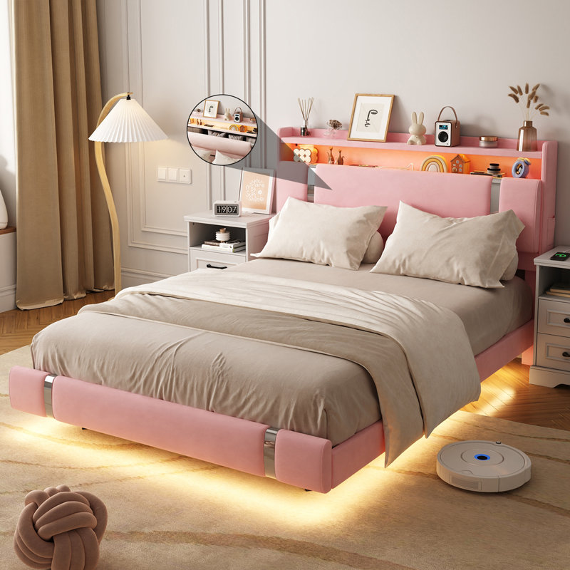 Komor Upholstered Storage Bed with Charging Station and LED Lights, Queen, Pink