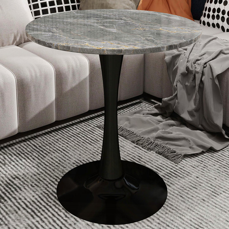 Table basse 27,6 "à effet marbre avec plateau texturé gris foncé et piédestal noir - style nordique, Gris foncé, Noir